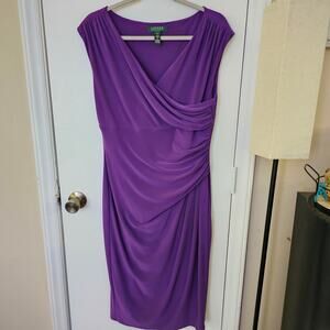 Lauren Ralph Lauren Purple Faux Wrap V-Neck Dress Ruched Sz 12 Classic Office